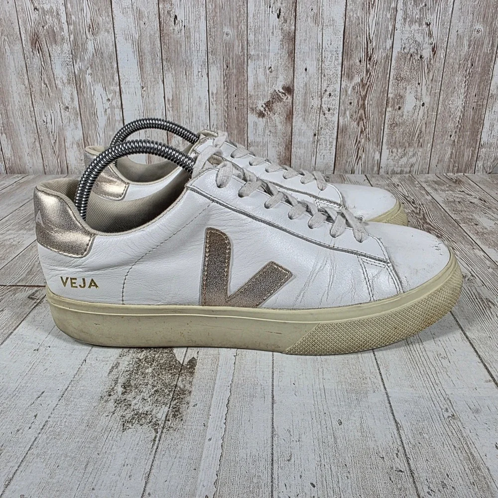 Veja Esplar White Leather Metallic Gold Low Top Sneakers Womens Size 10 EUR 41